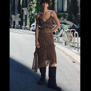 ZARA ASYMMETRIC MIDI RUFFLE POLKA DOT BROWN CREAM SKIRT